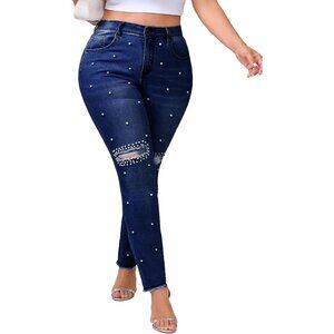 Women Skinny Stretch Denim Jeans Mid Rise Pearl Embellished Frayed Ripped